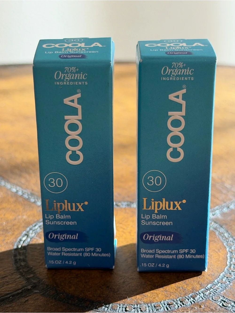 NEW IN BOX 2 ORIGINAL COOLA ORGANIC LIPLUX LIP BALM SUNSCREEN SPF 30 WATERPROOF